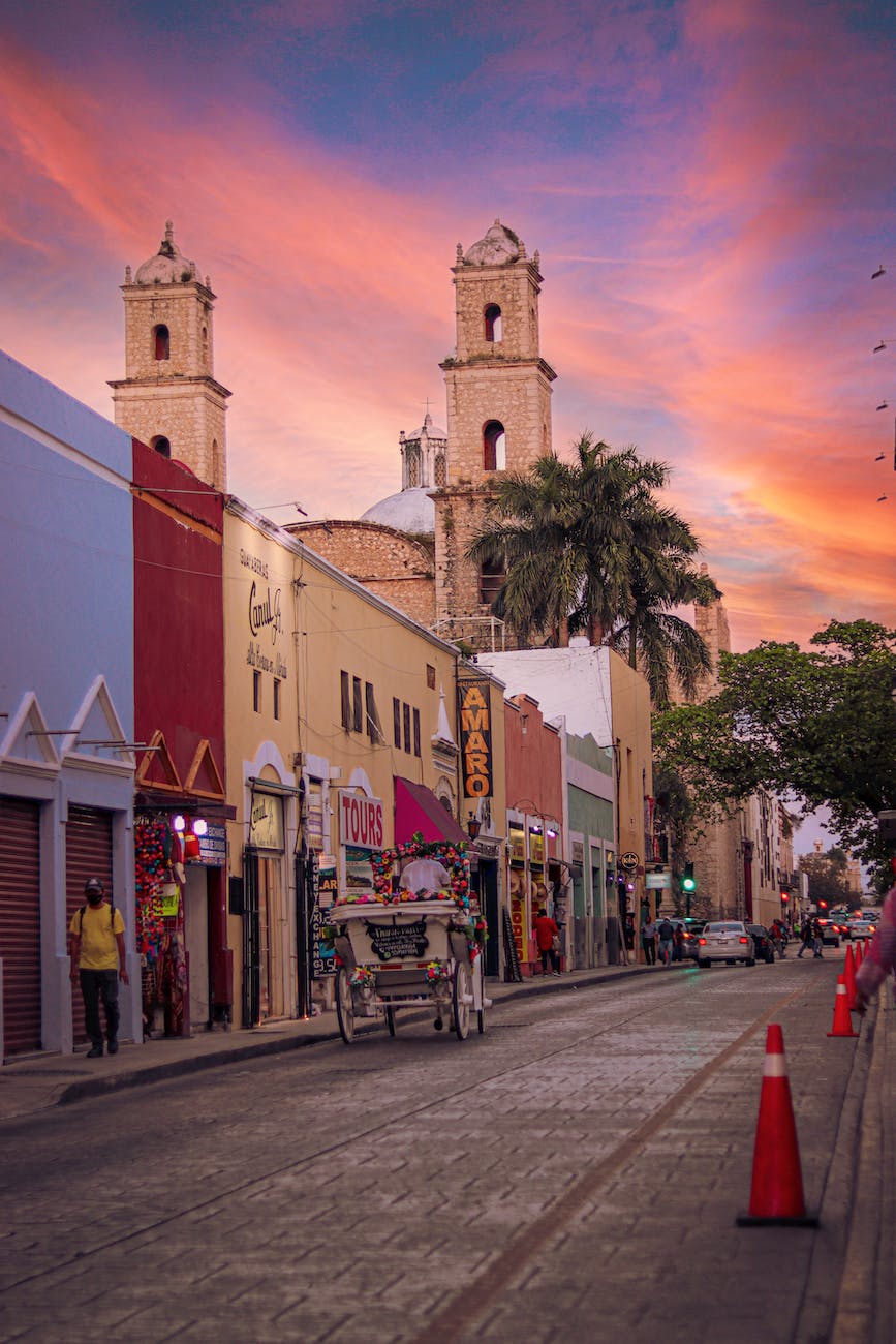 view of the merida church towers from the street