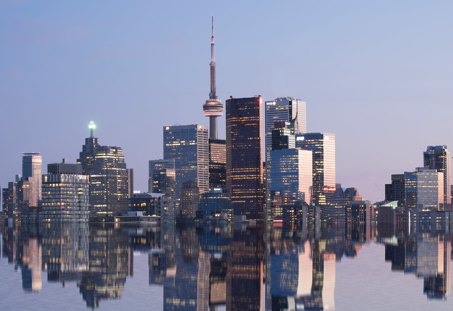 city skyline near body of water during night time