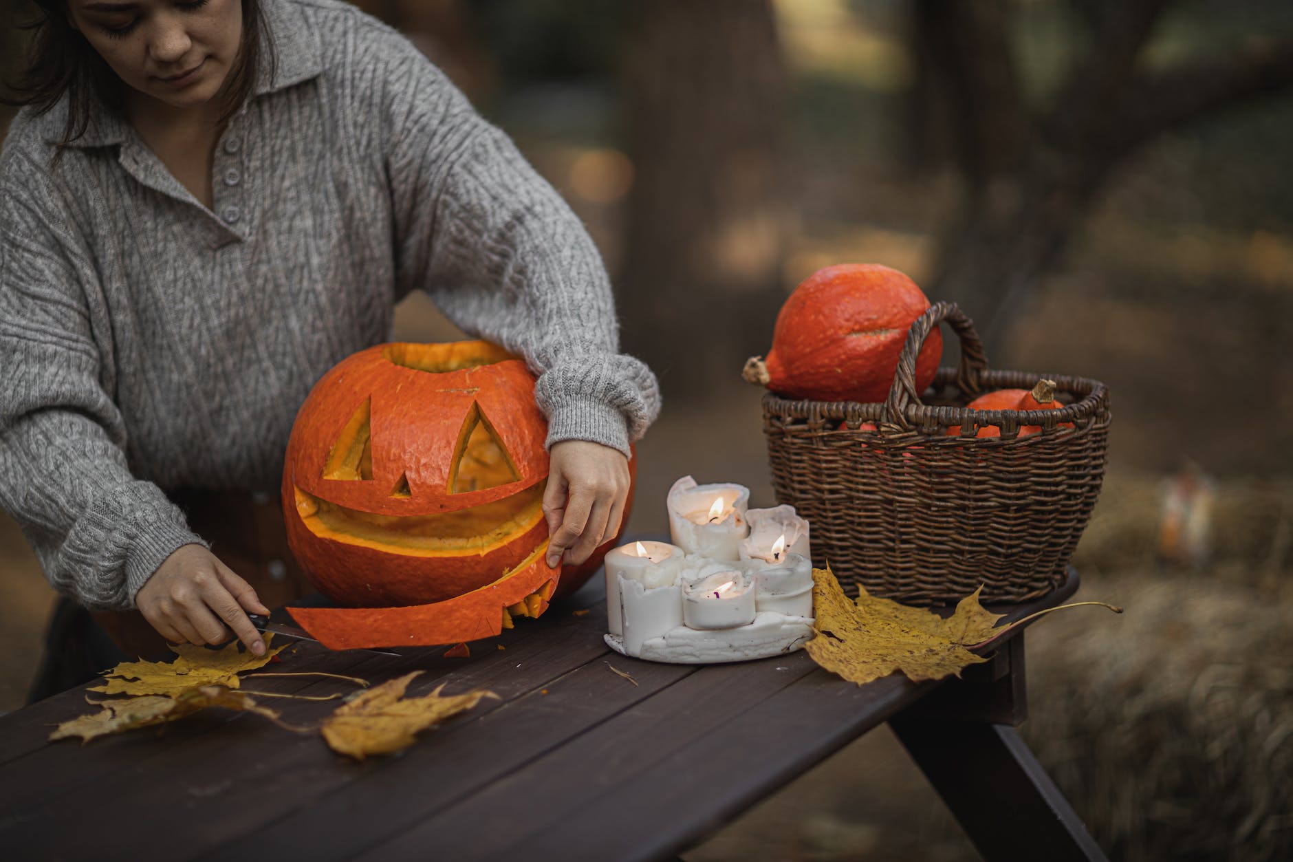 pumpkin on brown wooden table